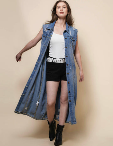 Ladies Sleeveless Botton Open Denim Coats SKT50044