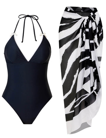 Ladies V-Neck String Tie One Piece Swimwear with Salong
