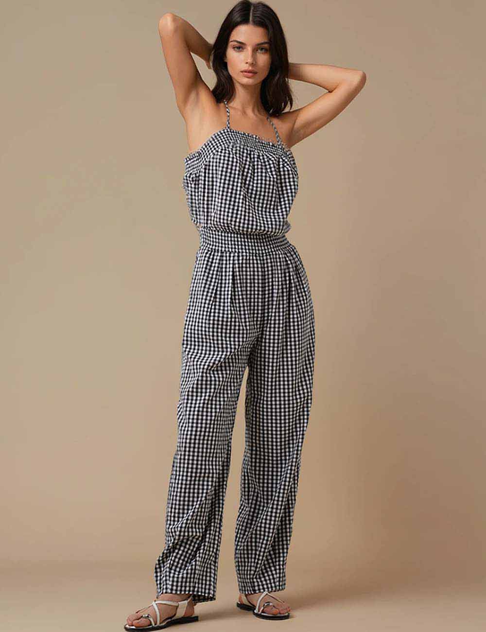 Ladies Color Block Checked Back Tie Straight Leg Jumpsuit