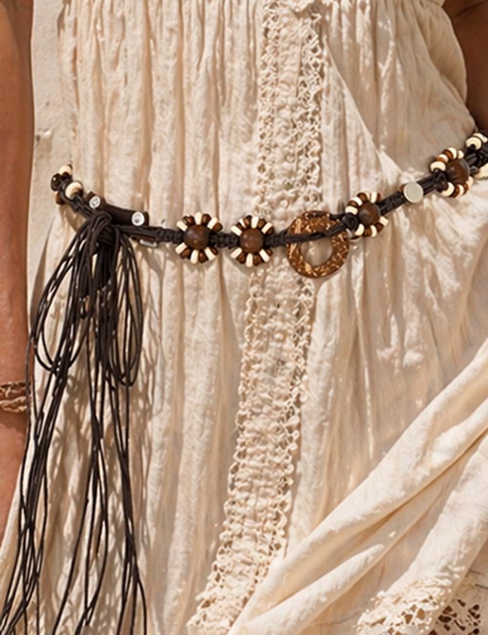 Ladies Ladies Boho Coconut Shell & Bead Wax Cord Waist Belt