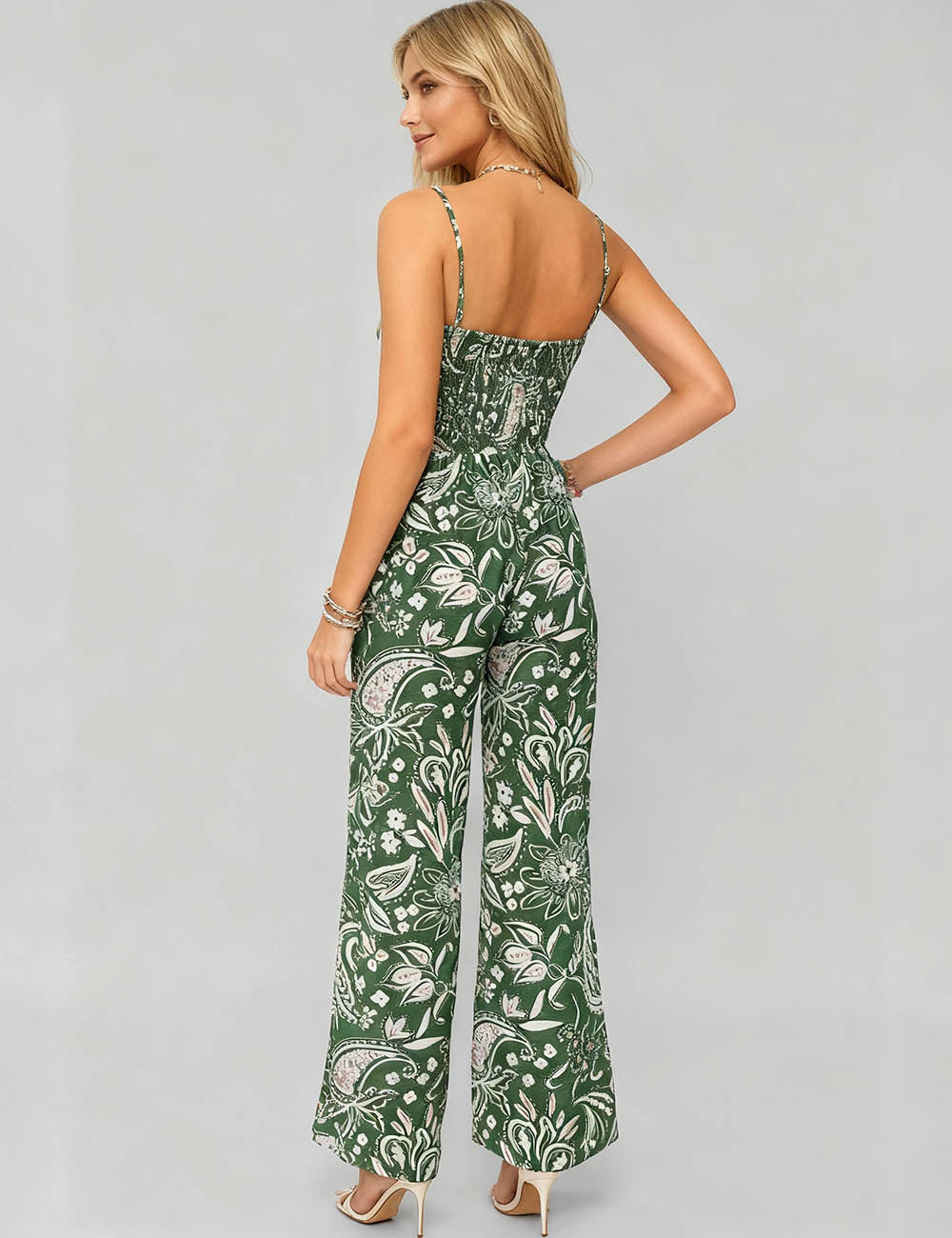 Ladies Floral Paisley Smocked Cami Wide Leg Jumpsuit