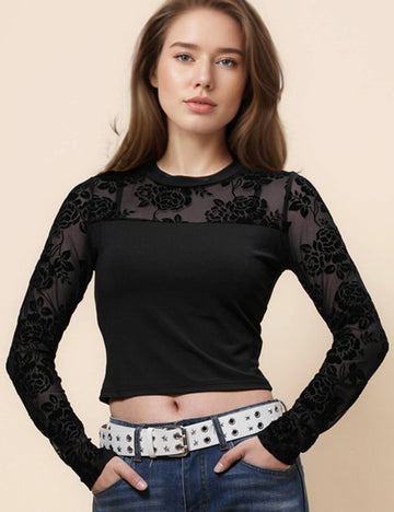 Ladies Floral See Sheer Sleeves Pullover Blouse SKT4978