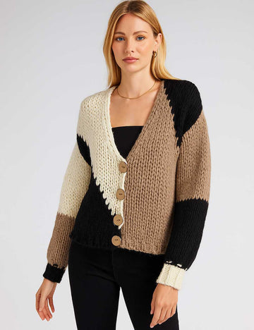 Ladies Chunky Knit Contrast Color Geometric V-Neck Cardigan