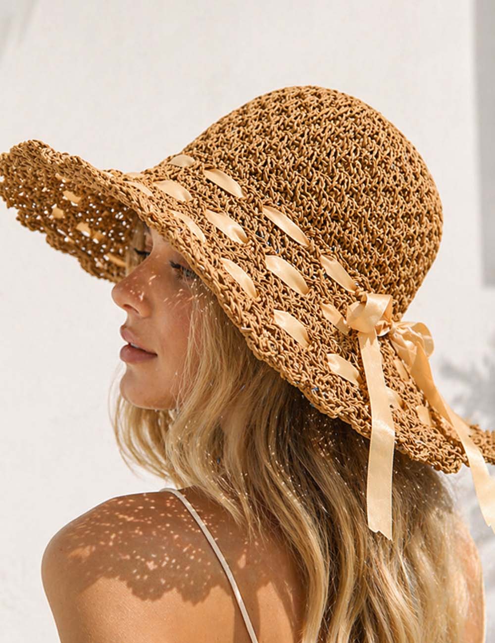 Ladies Boho Wide Brim Ribbon Bow Beach Paper Straw Hat
