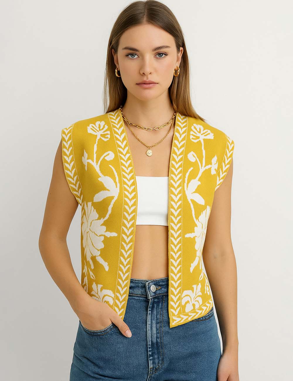 Ladies Floral Pattern Open Front Sleeveless Knit Vest
