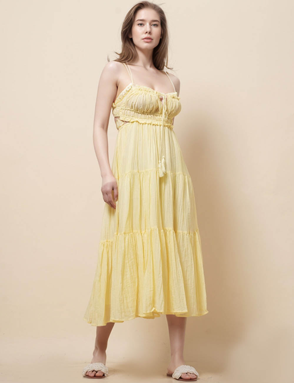 Ladies String Shoulder Hollow Out Midi Dress SKD51291