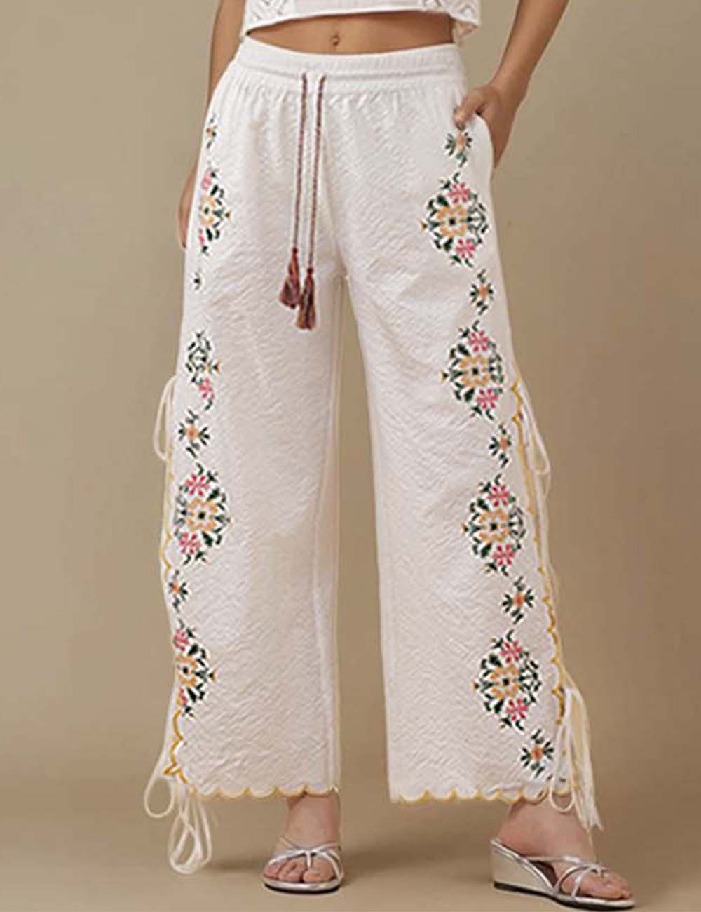 Ladies Elastic Waist String Tie Floral Embroidery Pants