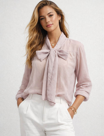 Ladies Chiffon Sheer Strap Tie Neck Long Sleeves Blouse