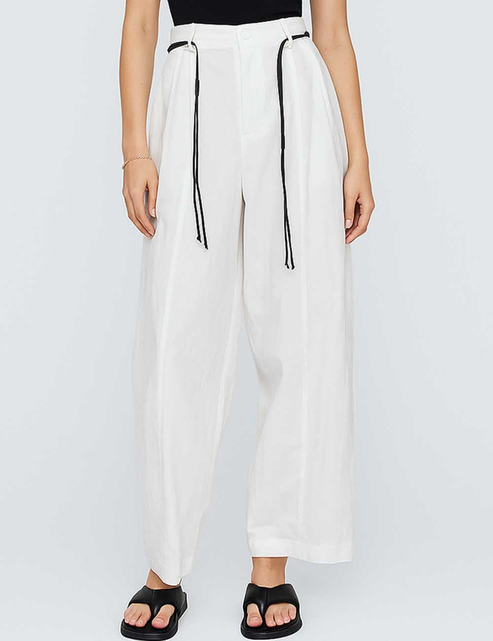 Ladies Solid Color String Tie Wide Leg Pants