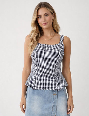 Ladies Chic Gingham Square Neck Sleeveless Peplum Hem Top