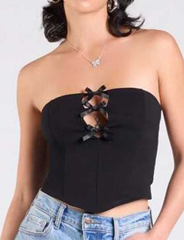 Ladies Solid Color Bowknots Cut Out Sleeveless Tube Top