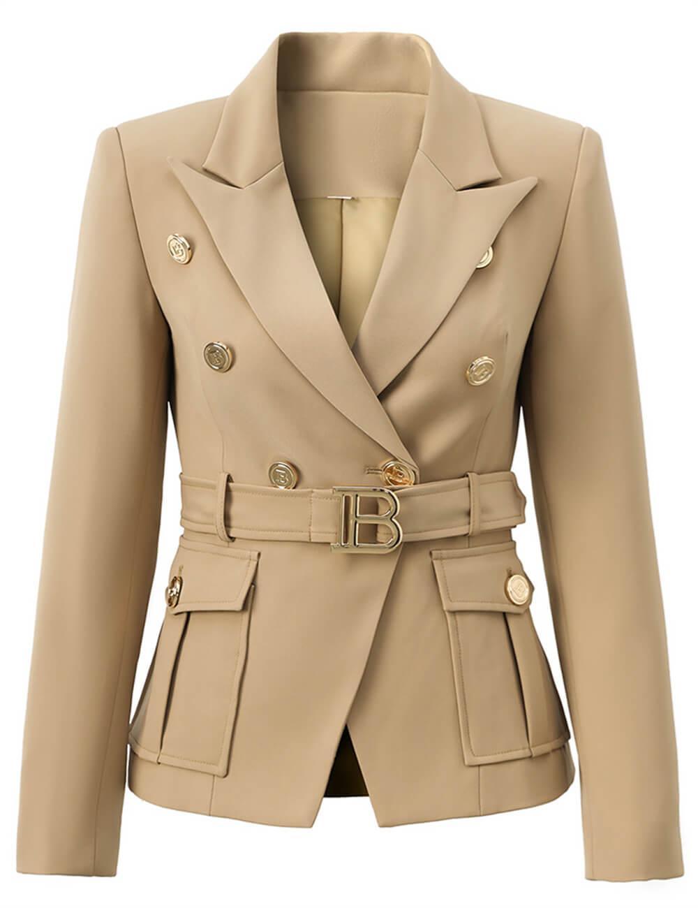 Ladies Solid Color Double Breasted Belted Blazer 2802