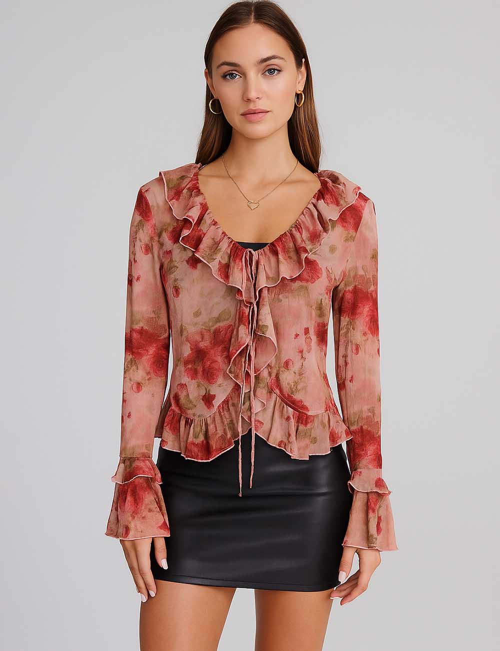 SKTKX32 Women Long Sleeve Ruffled Collar Flower Print Cardigan
