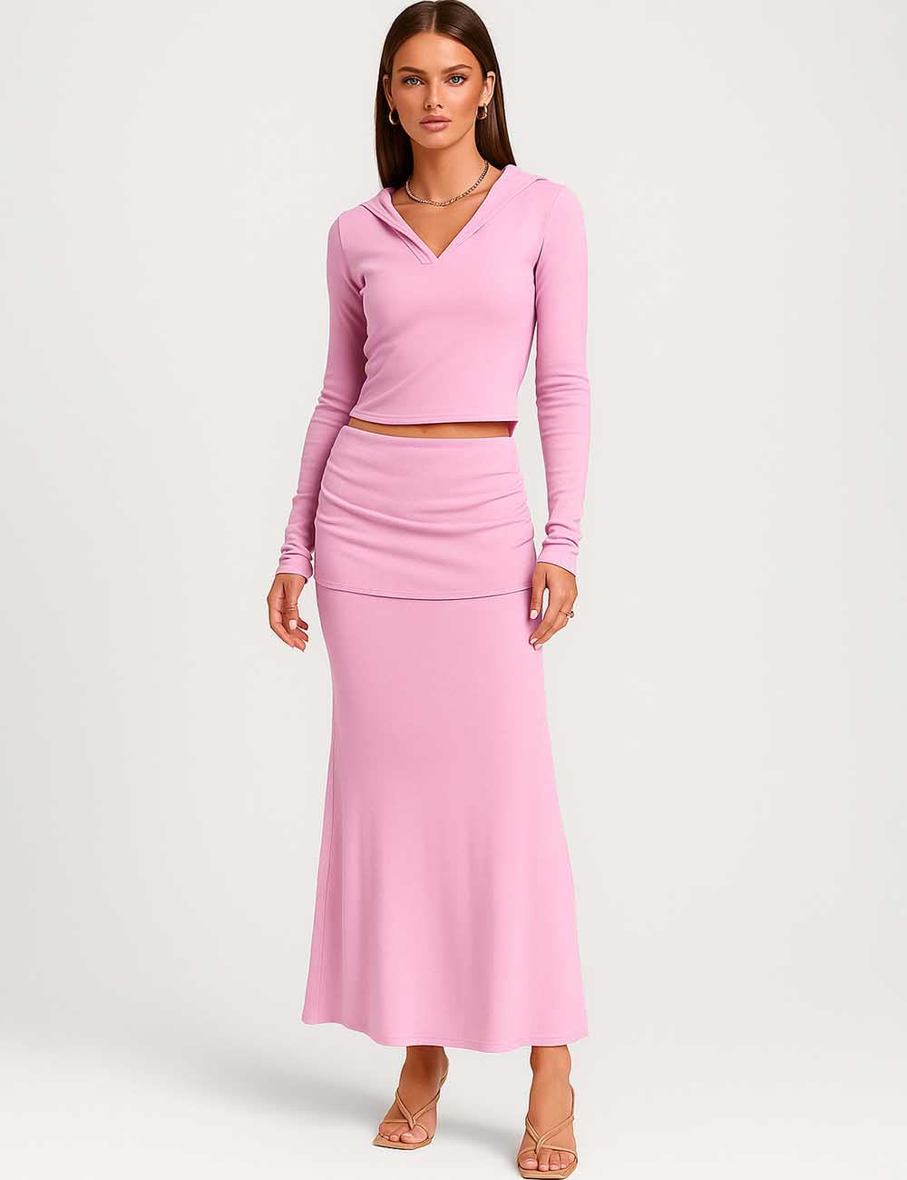 Ladies V-Neck Hoodied Ruched Cropped Top & Maxi Skirt Set