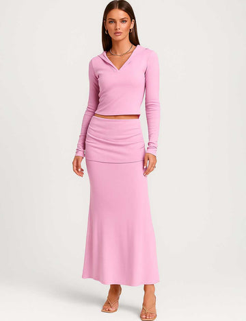 Ladies V-Neck Hoodied Ruched Cropped Top & Maxi Skirt Set
