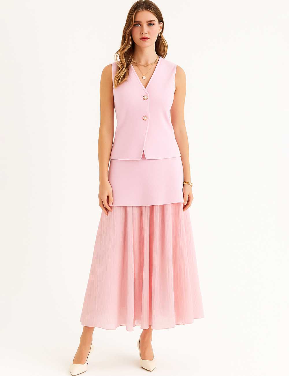 Ladies Solid Color V-Neck Sleeveless Knit Top & Skirt Set