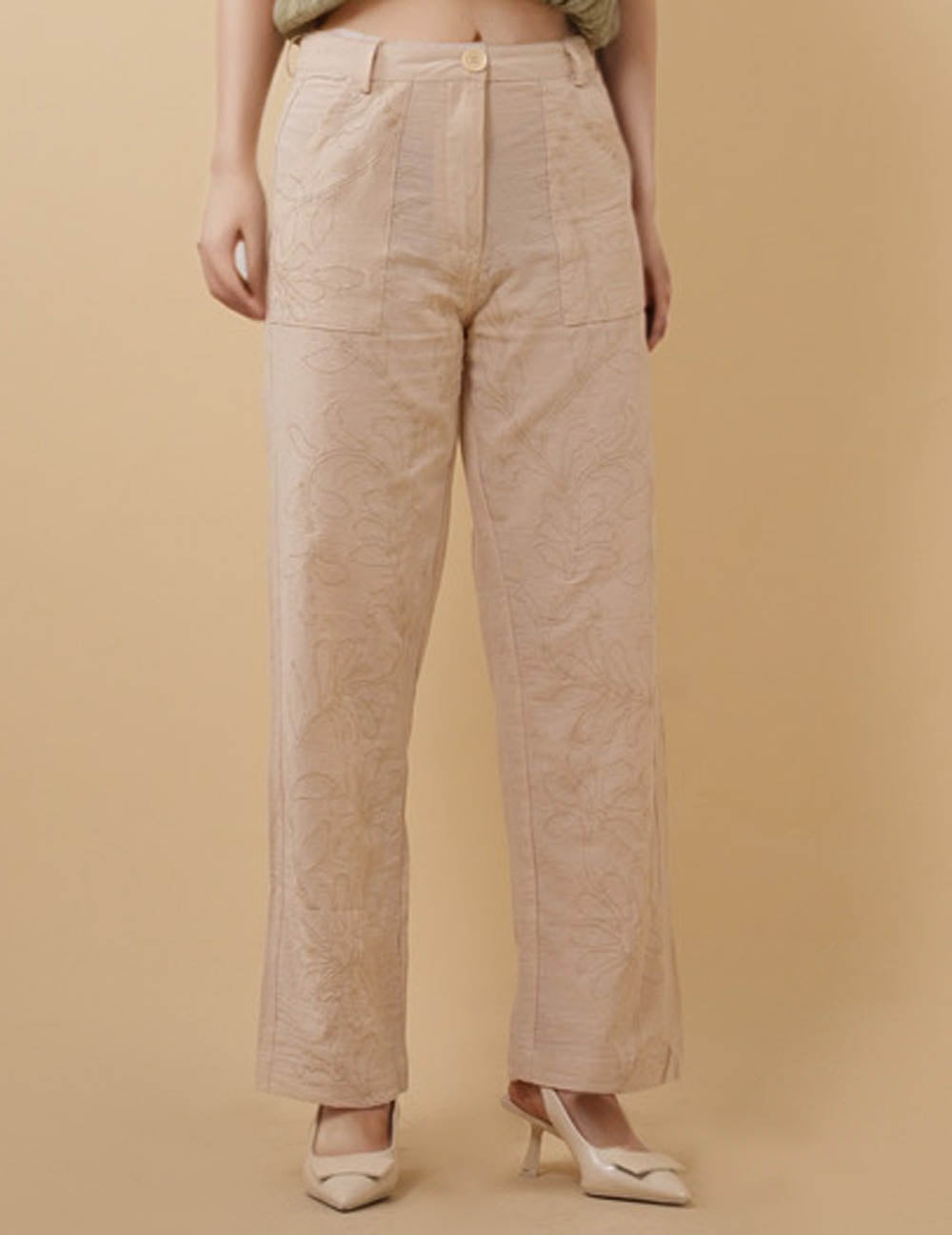 Ladies Floral Embroideries Straight Leg Pockets Pants SKP50460