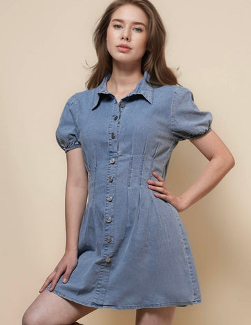 Ladies Puff Sleeves Denim Mini Dress SKD50028