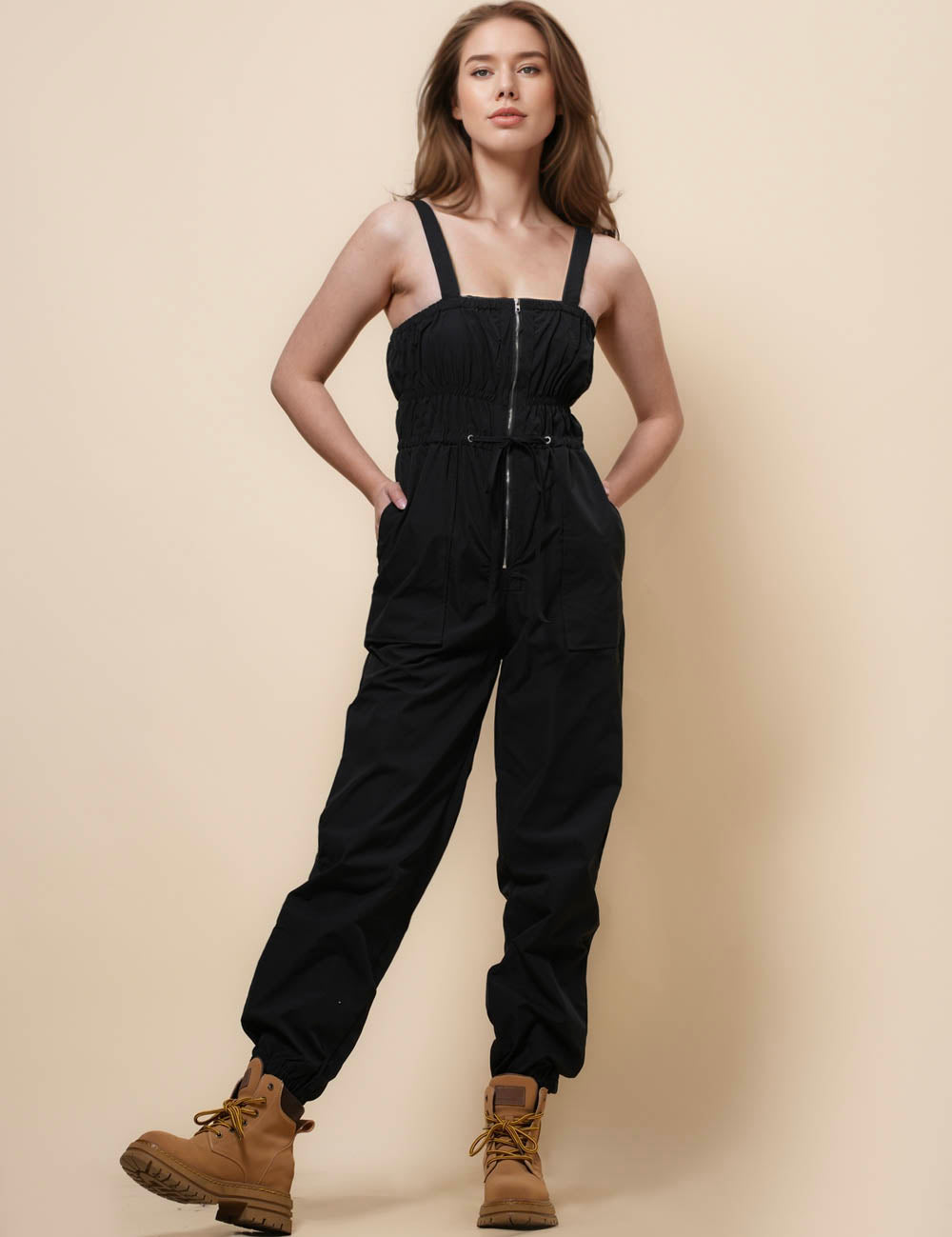 Ladies Solid Color Overall Wrinkle Jumpsuit SKJ41148