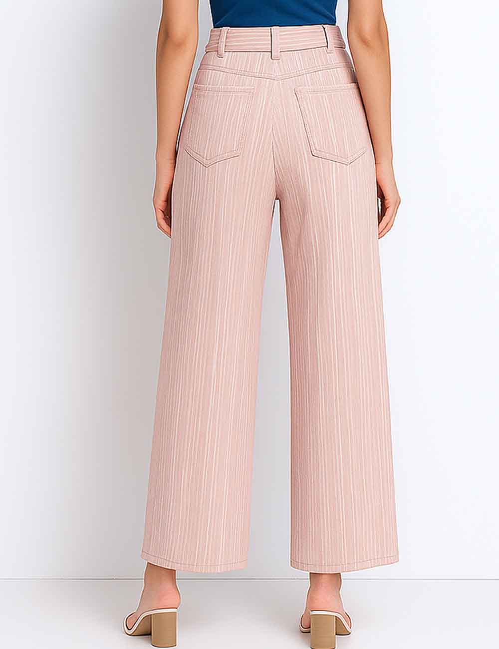 Ladies Color Block Striped Button Pockets Wide Leg Denim Pants