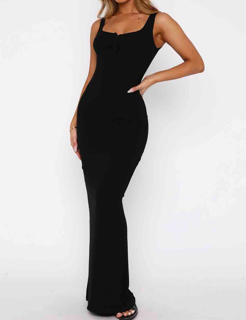 Ladies U-Neck Black Split Sleeveless Maxi Dress
