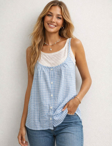 Ladies Checked Button Front Two-Piece Sleeveless Cami Top