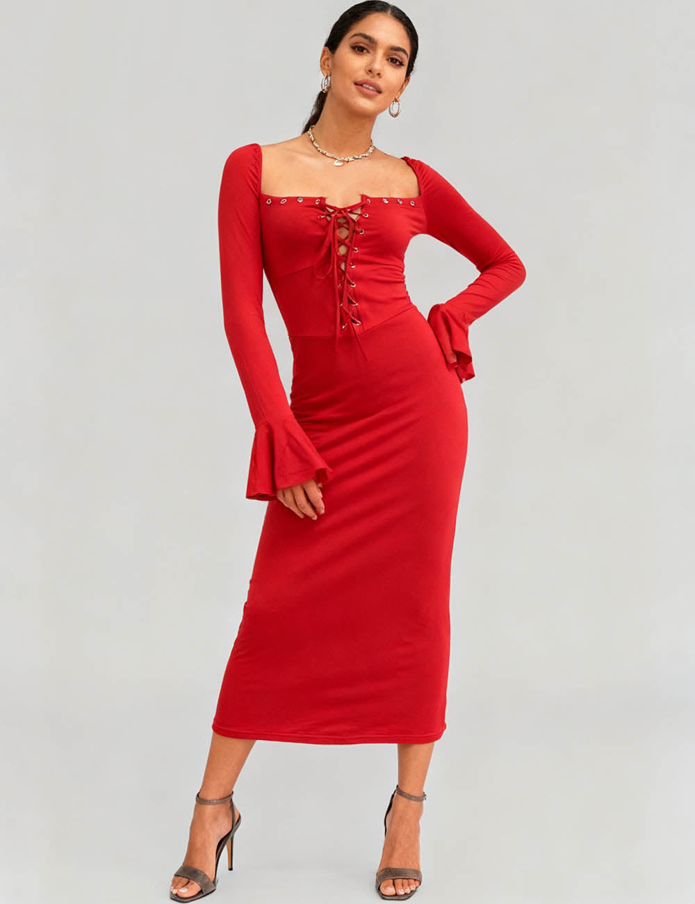 Ladies Eyelet Lace-Up Flared Sleeves Bodycon Midi Dress