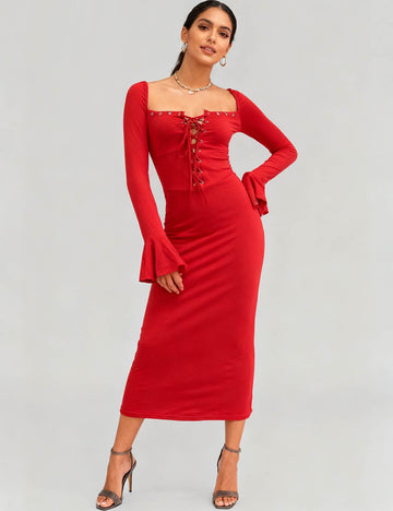Ladies Eyelet Lace-Up Flared Sleeves Bodycon Midi Dress