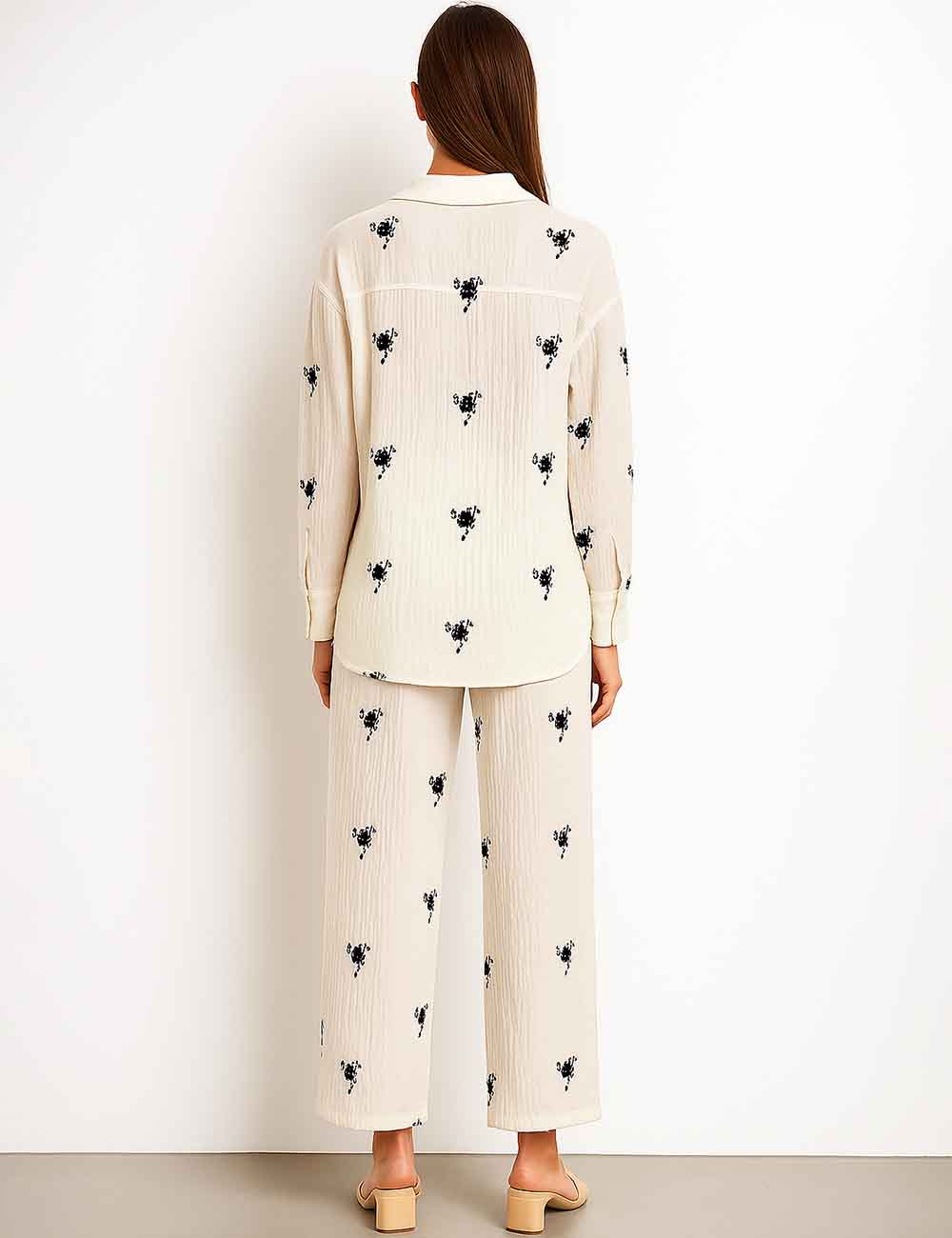 Ladies Embroidery Beading Wide Leg Shirt Top & Pants Set