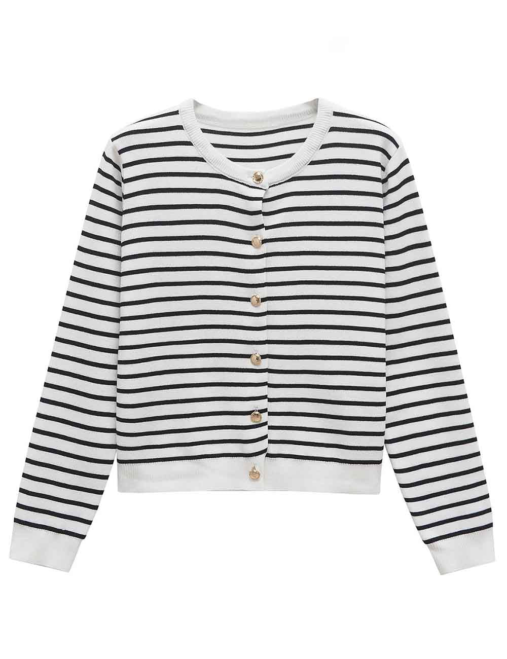 Ladies Color Block Striped Long Sleeves Knitted Cardigan