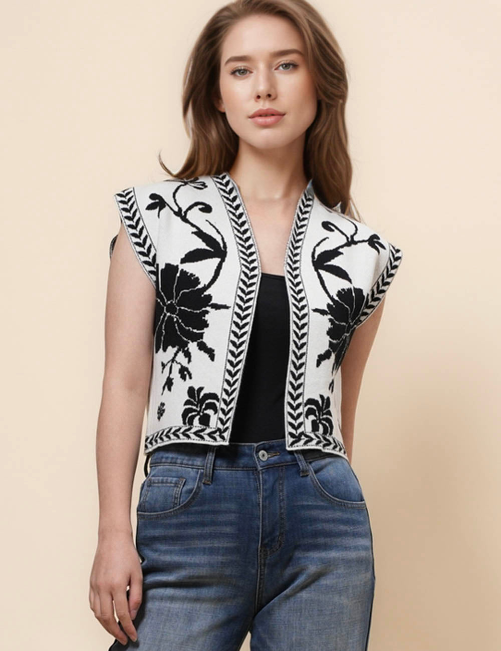Ladies Sleeveless Floral Knit Cardigan Vest SKT41045