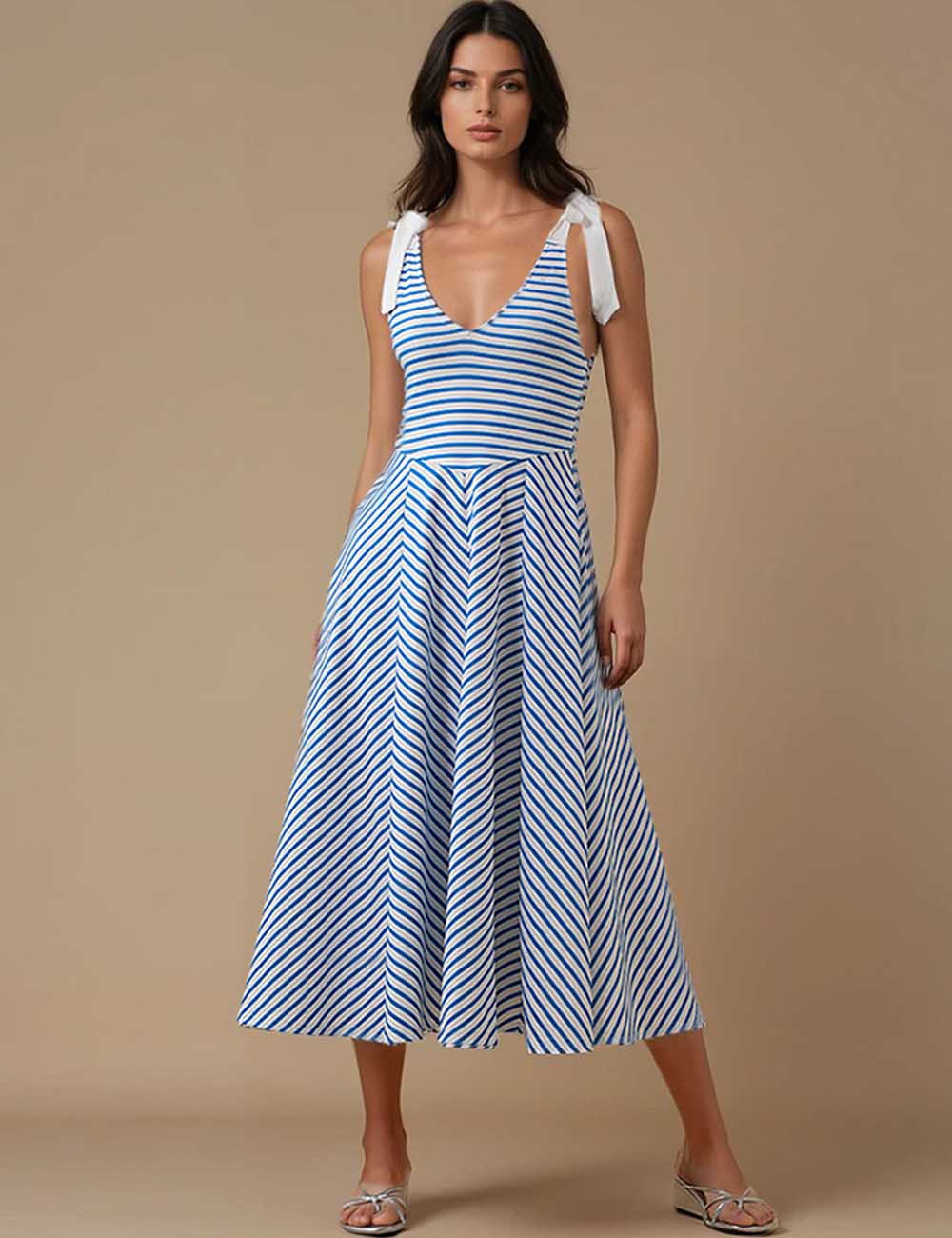Ladies Color Block Strap Shoulder Lace Up Striped Midi Dress