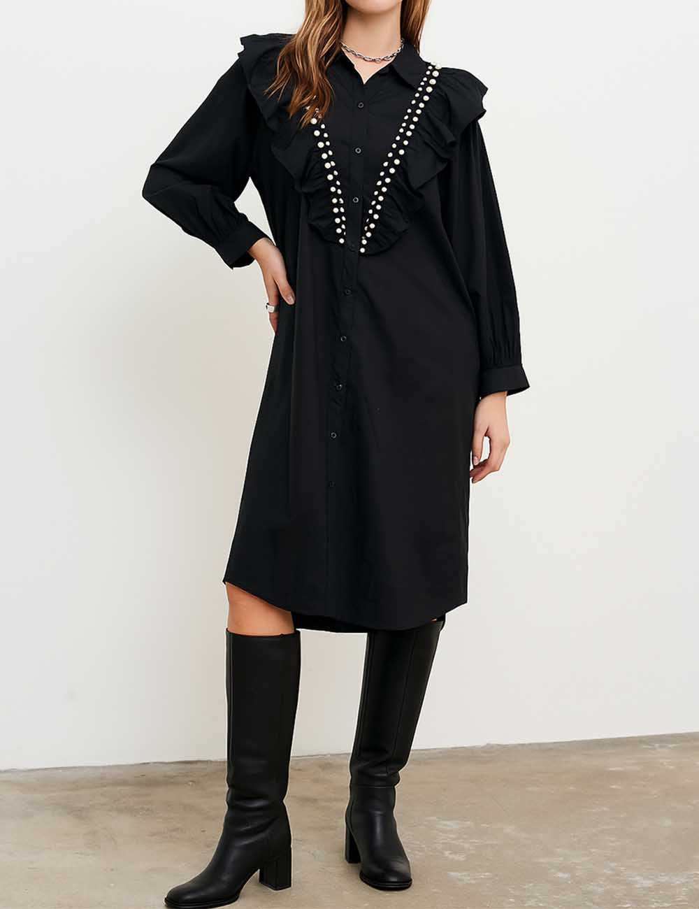 Ladies Pearl Beading V-Shaped Ruffle Trim Button Down Midi Dress