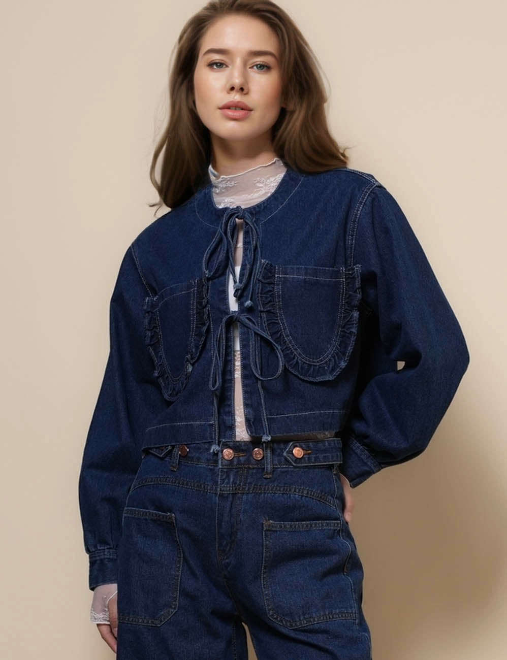 Ladies Long Sleeves String Tie Denim Jacket SKT50046