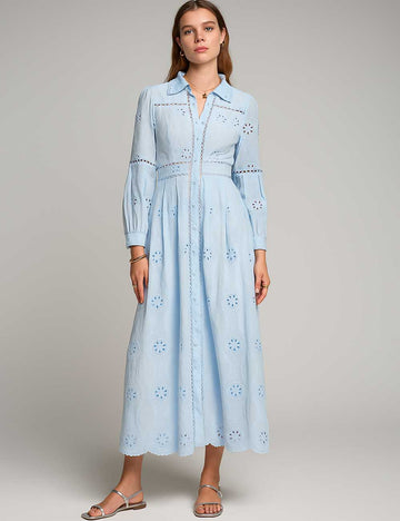 Ladies Hollow Out Button Down Long Sleeves Maxi Dress
