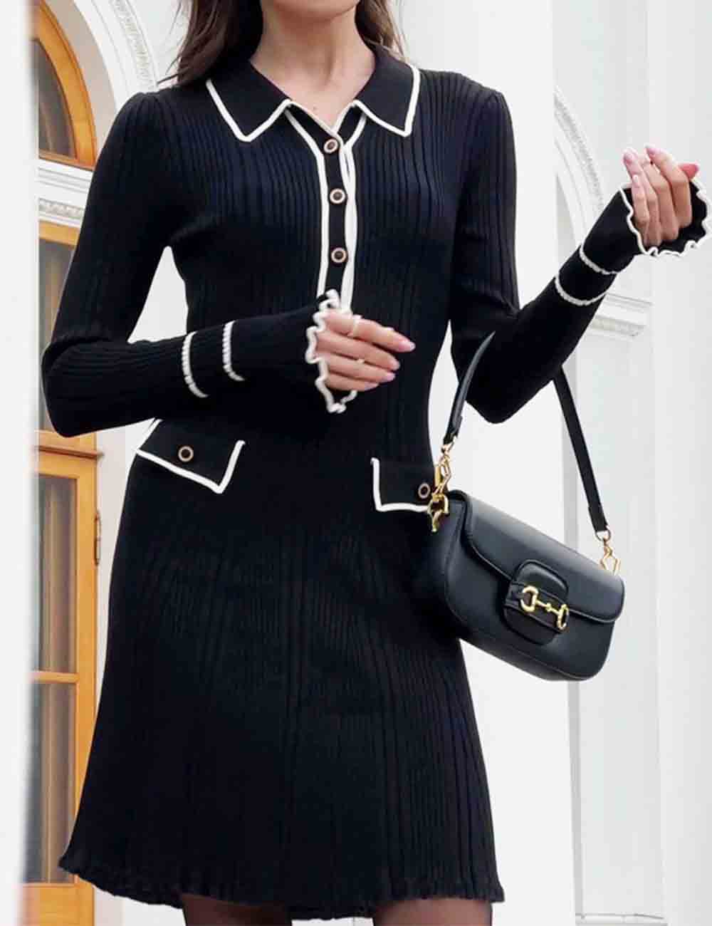 Ladies Turndown Collar Bell Long Sleeves Knit Mini Dress