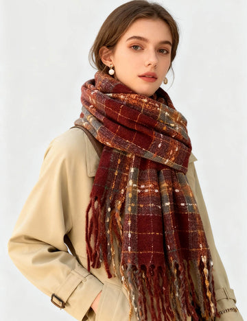 Ladies Christmas Plaid Fringe Oblong Knit Scarf