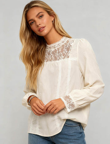 Ladies Sheer Lace Panel  Stand Collar Long Sleeves Blouse