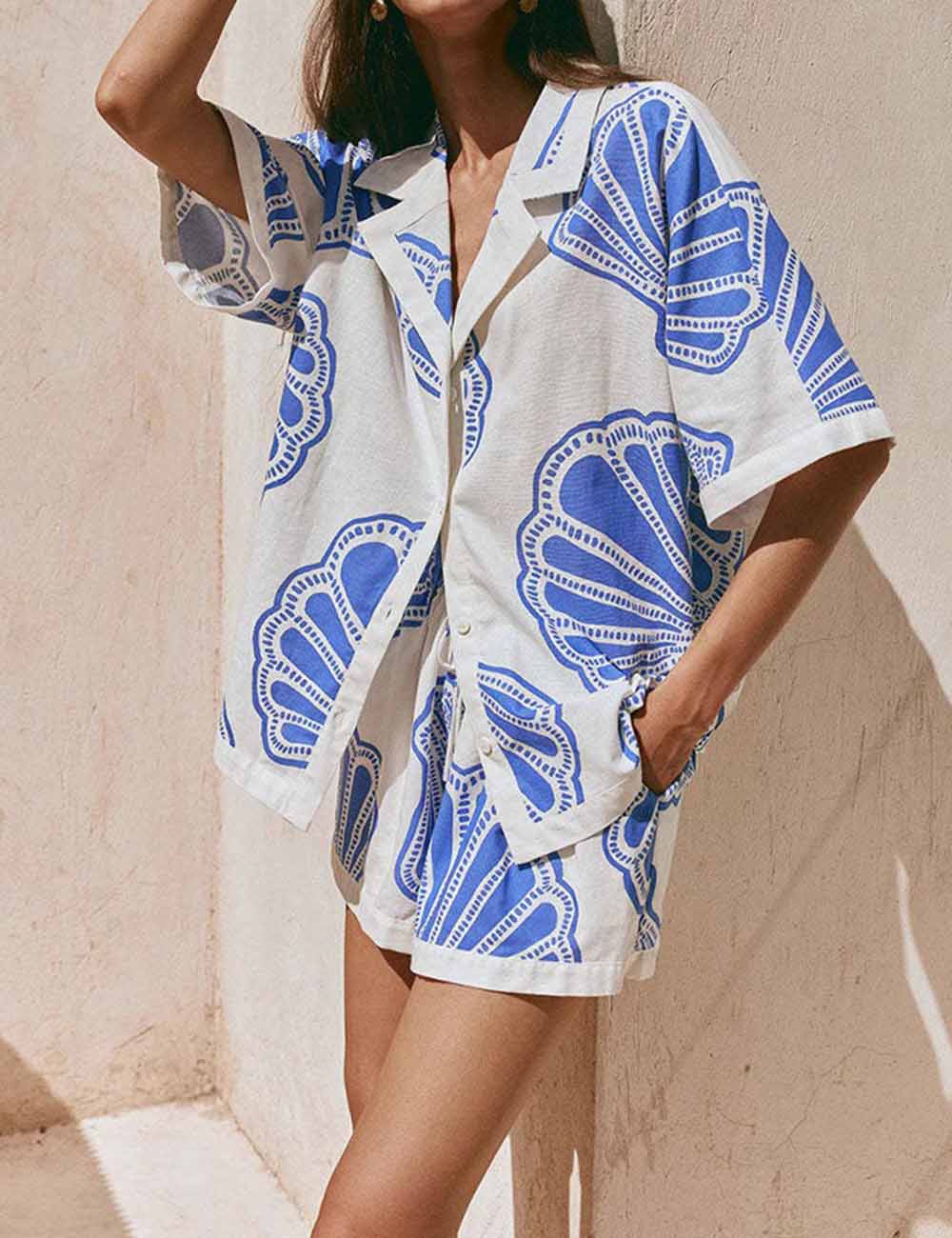 Ladies Linen Blend Seashell Print Short Sleeves Shirt & Shorts 2PCS Set