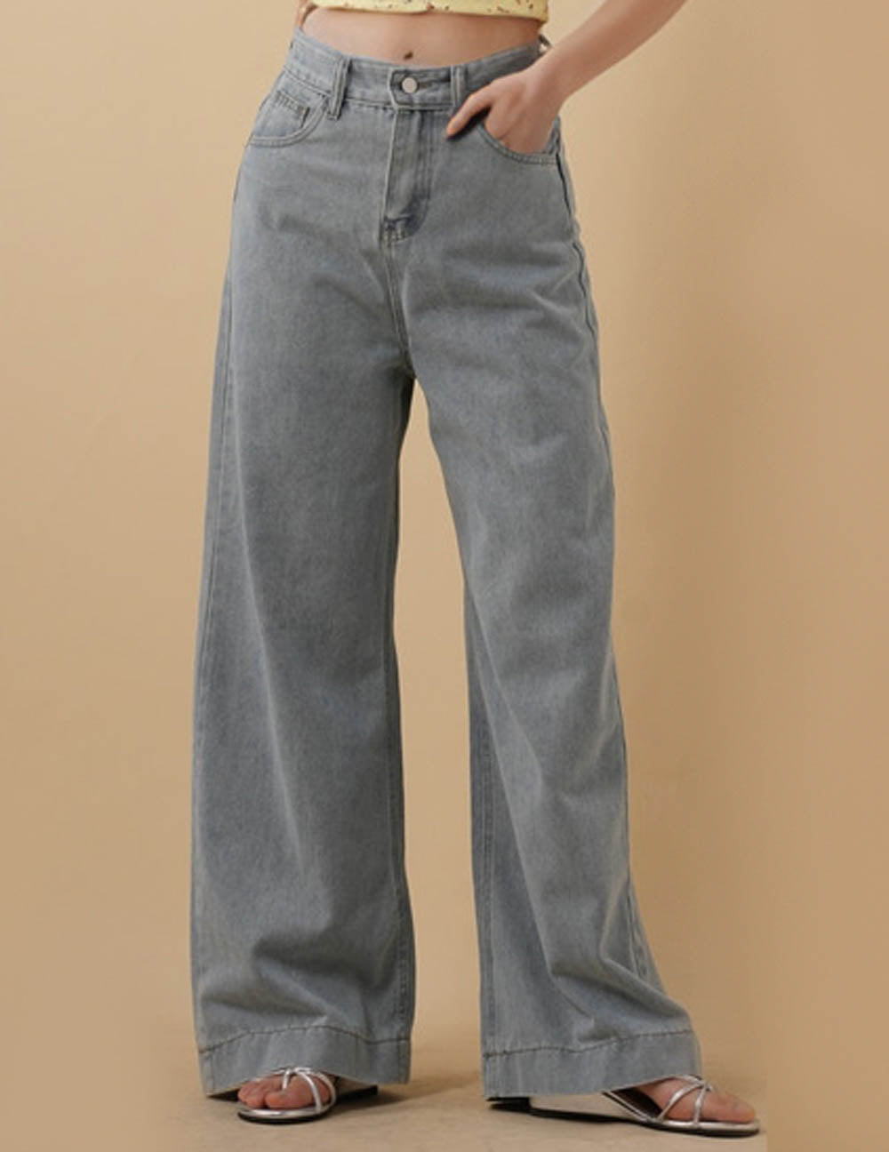 Ladies Basic Button Pocket Wide Leg Jeans 8SKP5M74