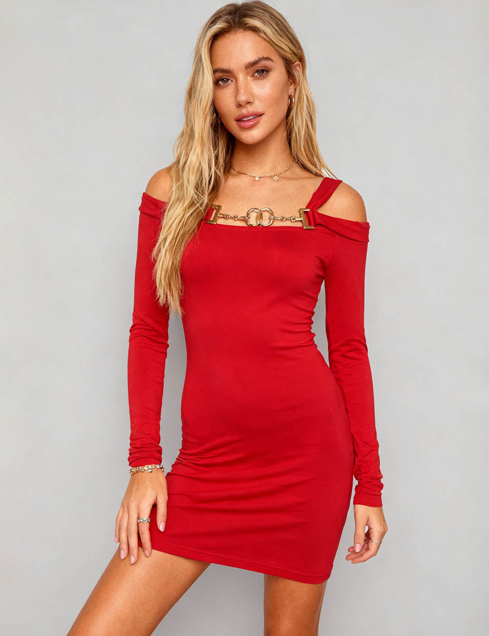 Ladies Off-Shoulder Metal Chain Strap Bodycon Mini Dress