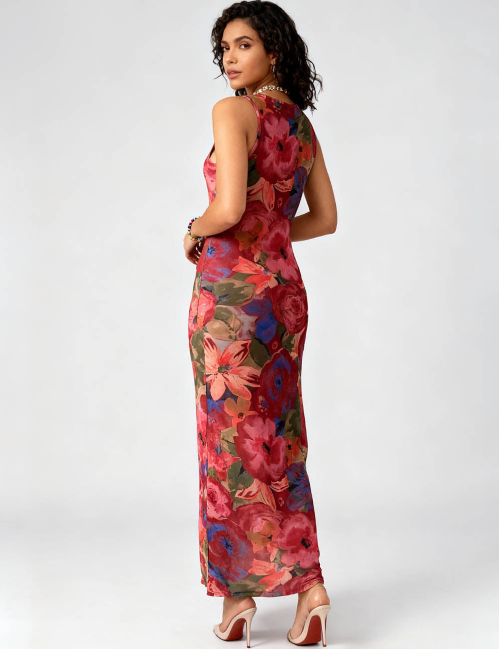 Ladies Floral Lace-Up Front Sleeveless Bodycon Maxi Dress