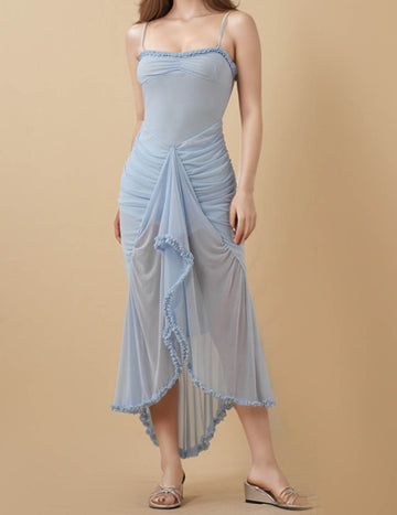 Ladies Solid Color Sleeveless Hip Wrap Mesh Midi Dress 8SKD5M86
