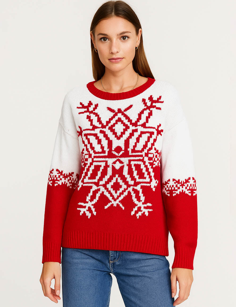 Ladies Snowflake Color Block Pullover Round Neck Sweater