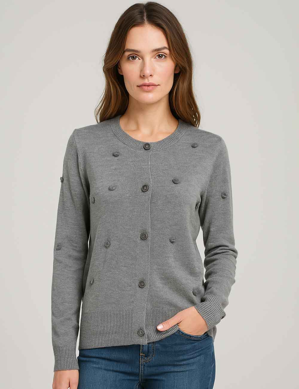 Ladies Round Neck Floral Embroidery Button Closure Knit Cardigan