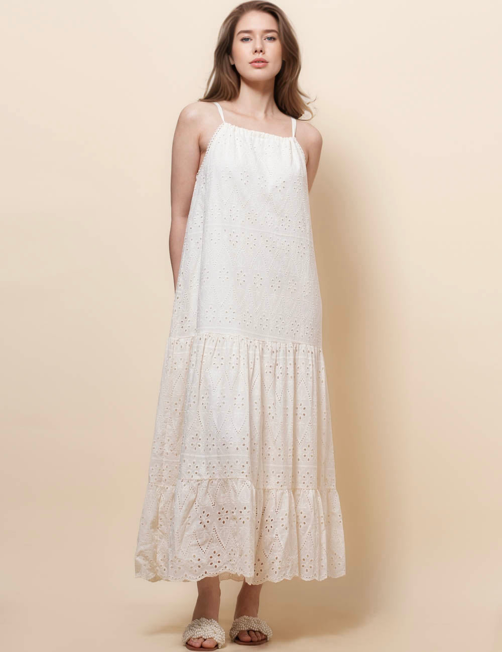Ladies Halter Eyelet Solid Color Midi Dress SKD50202
