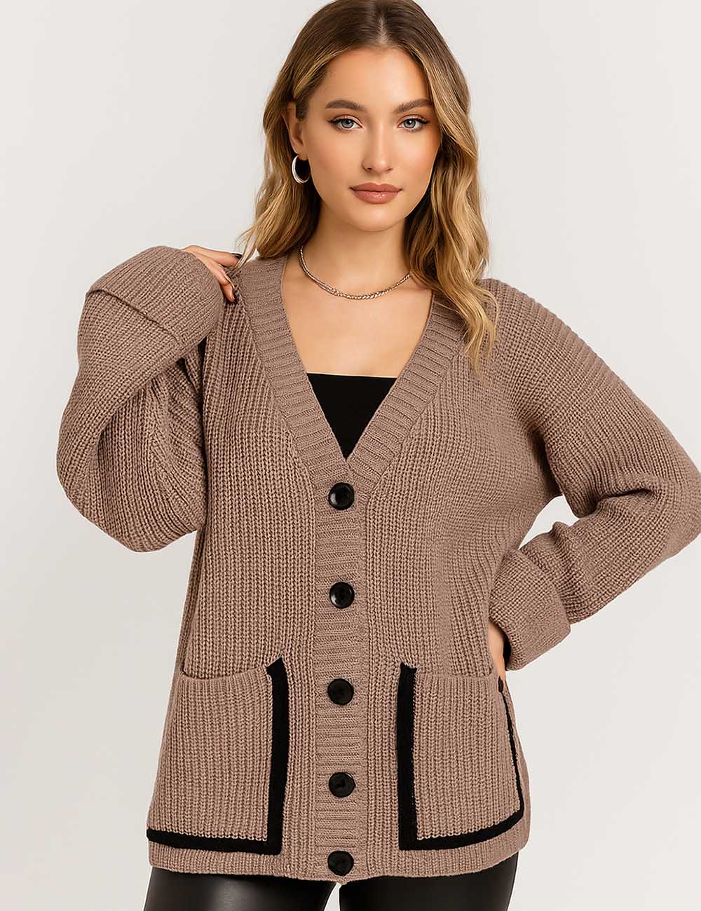 Ladies V-Neck Color Block Long Sleeves Knit Cardigan