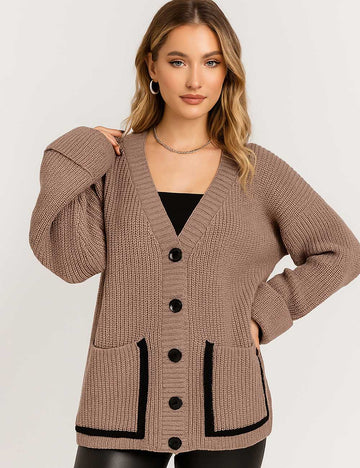 Ladies V-Neck Color Block Long Sleeves Knit Cardigan