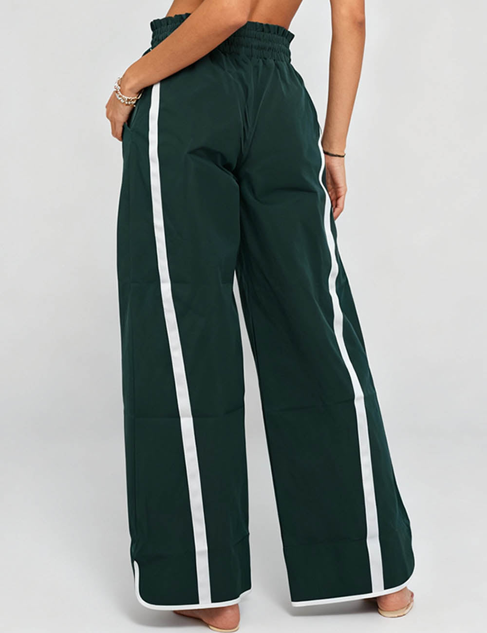 Ladies Color Block Striped Elastic Tie Waist Wide Leg Pants