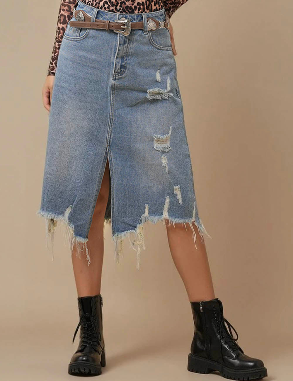 Ladies Front Split High Waist Distressed Denim Midi Skirt SKS6697